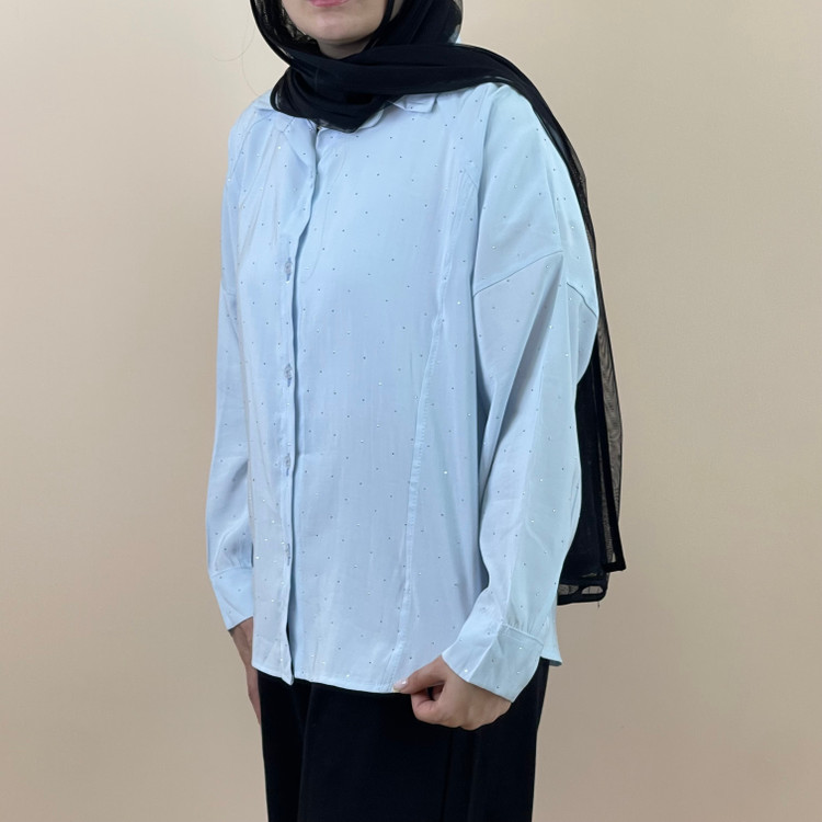 شومیز ریزشی نگین دار آبی