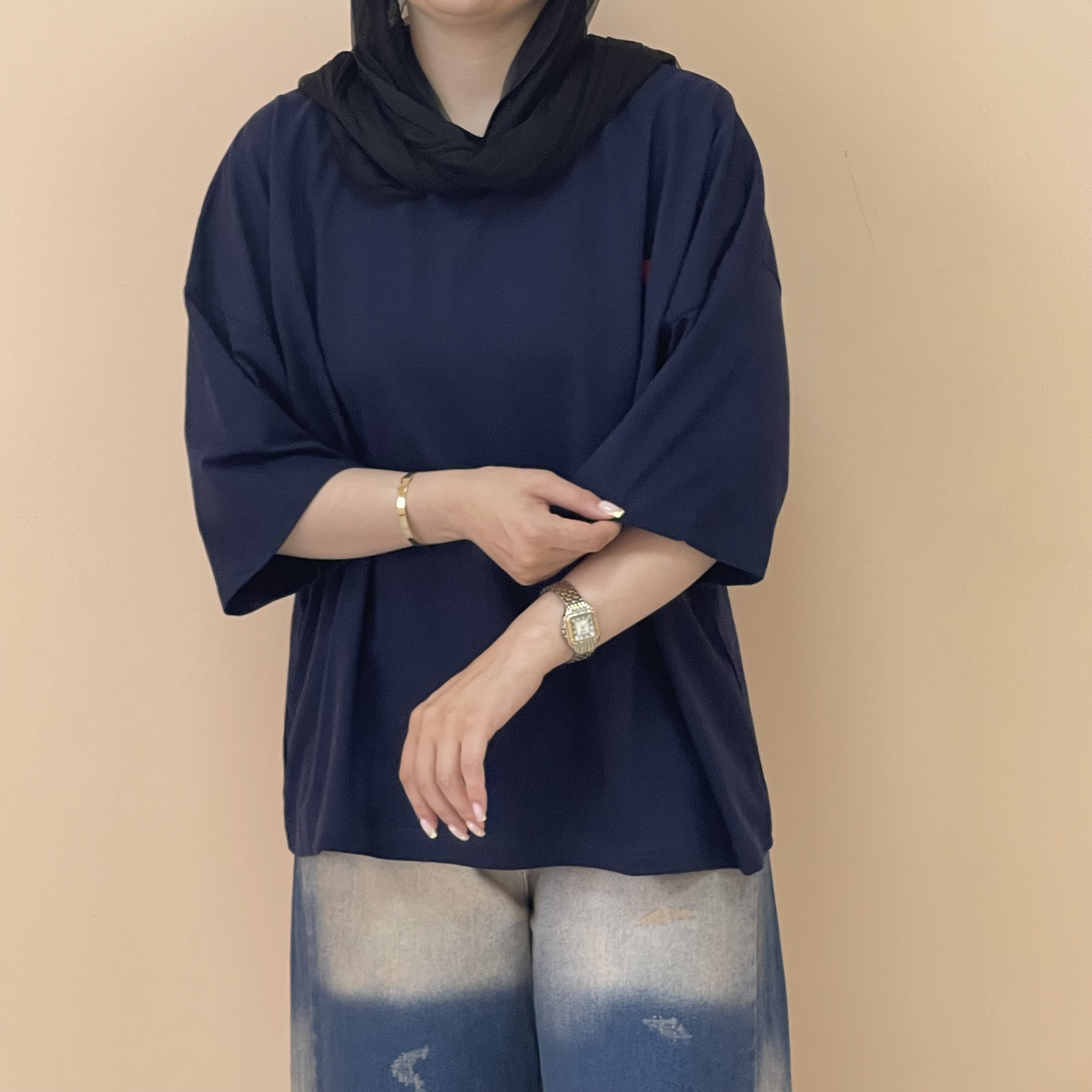 تیشرت باکسی زنانه پشت ساده  رنگ سرمه ای