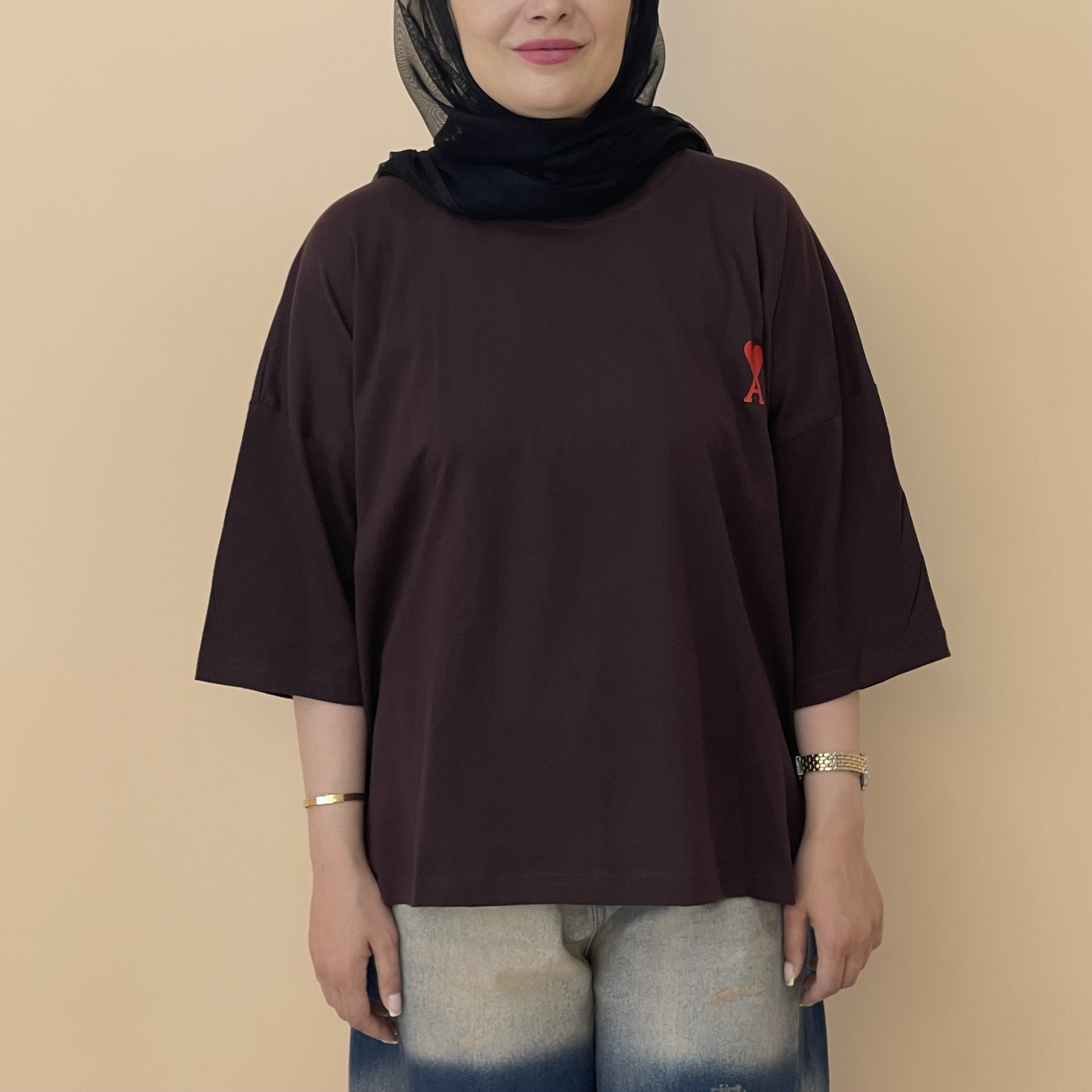 تیشرت باکسی زنانه پشت ساده  رنگ قهوه ای